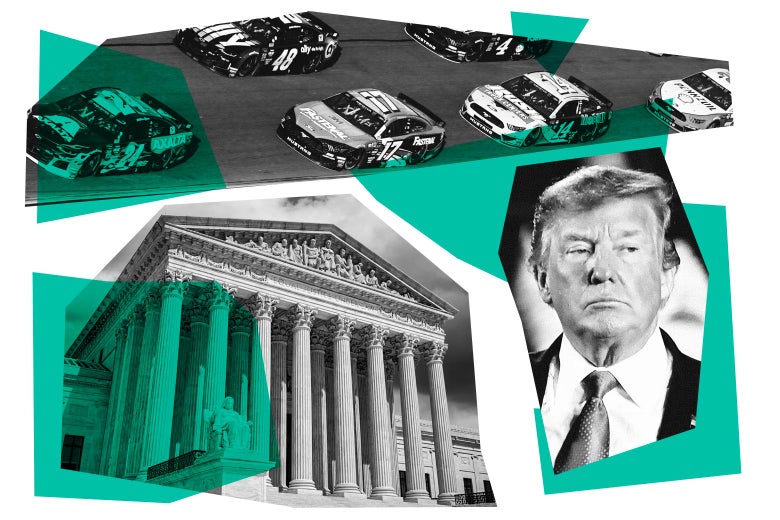 Collage of the Supreme Court building, race cars, and Donald Trump.